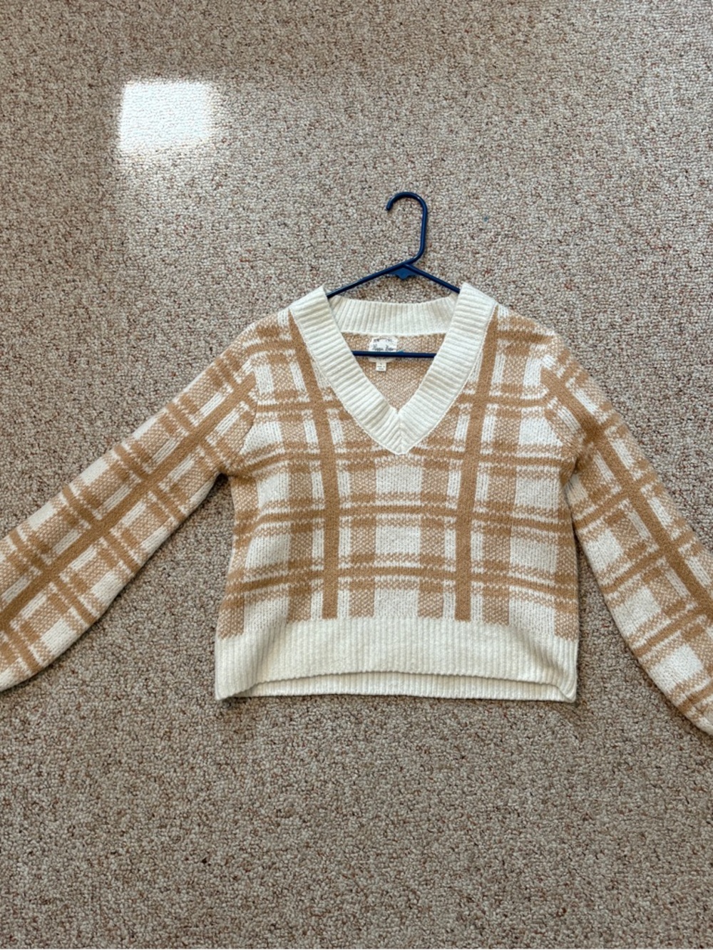 Hippie Rose Cream and Tan Plaid V-Neck Cropped Sweater